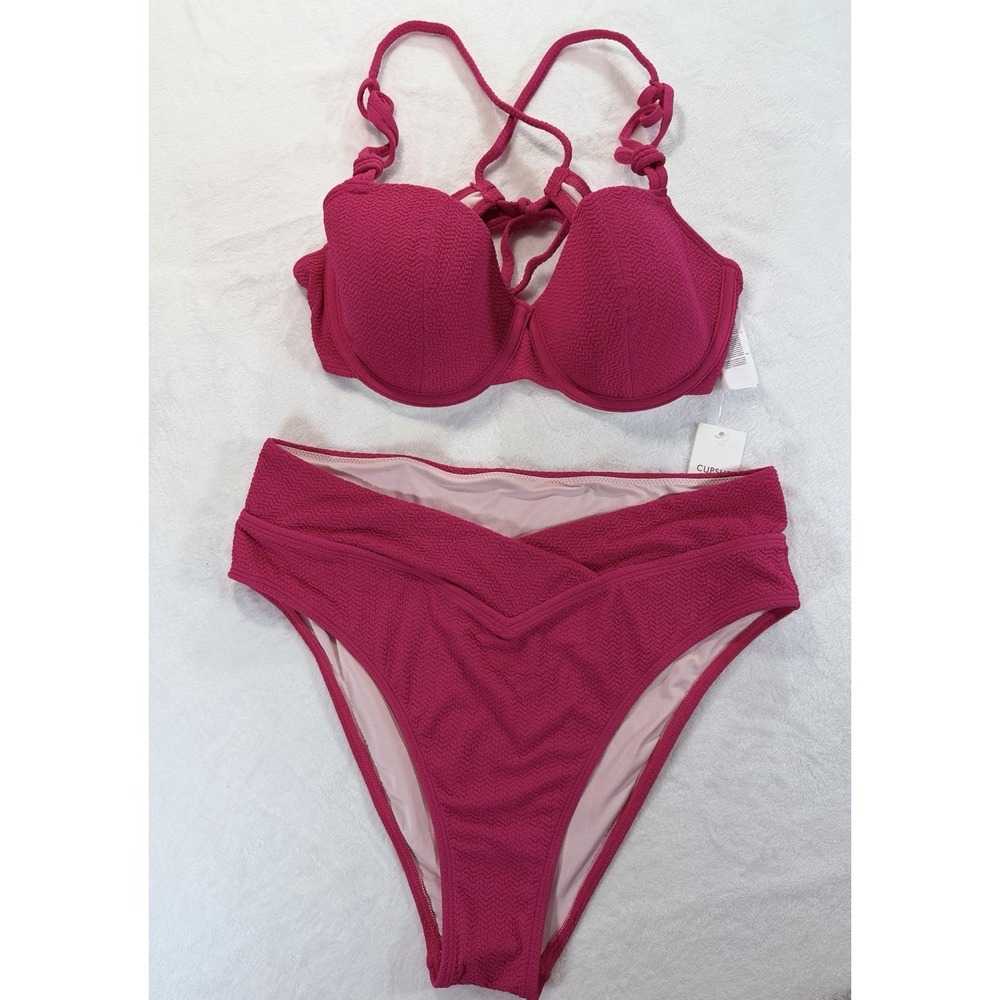 NWT Cupshe Maddy Burciaga Collab Hot Pink Bikini L High Cut Push Up Spag Straps
